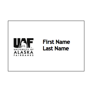 Name badge style 1 - UAF black block logo on the left, name on the right